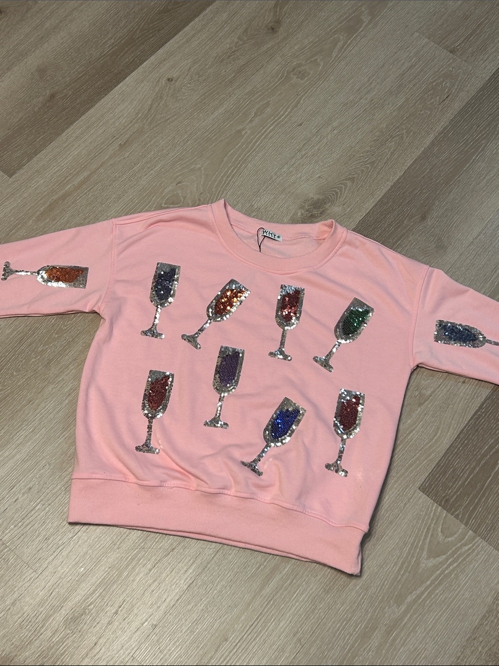Why Dress Pink Sequin Wine Glass Crewneck Sweatshirt Sz Medium